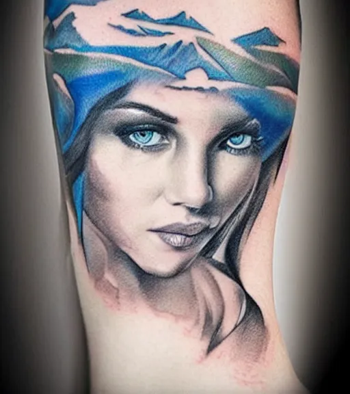 Image similar to tattoo design sketch of a beautiful blue - eyed woman face with a faded background of beautiful mountains and nature on her side, hyper - realistic, in the style of den yakovlev, amazing detail, black and white