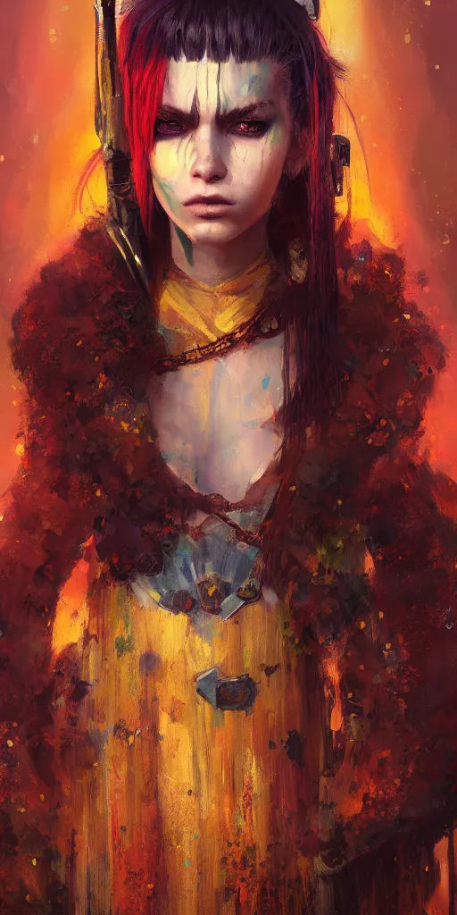 Prompt: A beautiful colorful portrait of a furry gothic warrior Girl, oil painting, final fantasy, Greg Rutkowski, Ilya Kuvshinov, blade runner, star wars, unreal 5, hyperrealistic, octane render, fullbody RPG portrait, dynamic lighting, fantasy art, beautiful face, gustav klimt