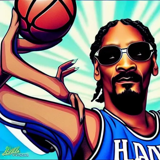 Prompt: “ snoop dogg in space jam, basketball, hero, blunt ”