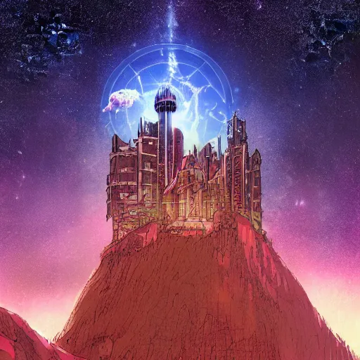 Prompt: stone castle in the style of cyberpunk ontop of a mountain, space sky, anime illustration,