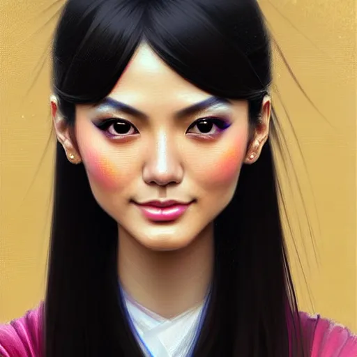 Prompt: digital painting of a close up face portrait of an elegant, beautiful, sophisticated, fashionable, pretty young burmese - japanese victoria justice, the rings of saturn. intricate ornate detail, eye focus, by artgerm, range murata, jeremy lipking, trending on pinterest, artstation hq, vivid 8 k, film still.