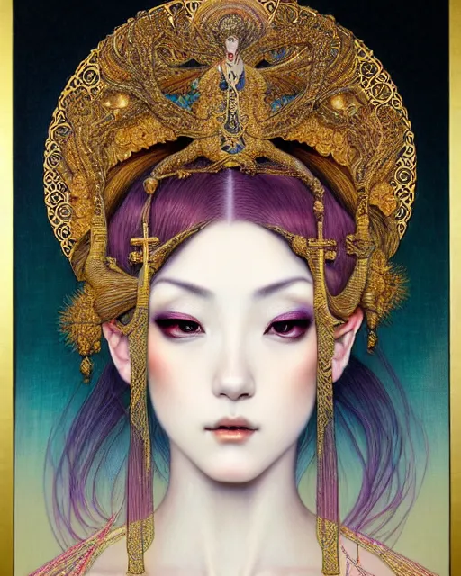 Image similar to portrait of a beautiful goddess of mercy, unusual beauty, esoteric, muted colors, head in focus, fantasy art, ornamental aesthetics intricate, elegant, highly detailed, hyperrealistic painting, artstation, concept art, painterly, sharp focus, illustration, art by chie yoshii