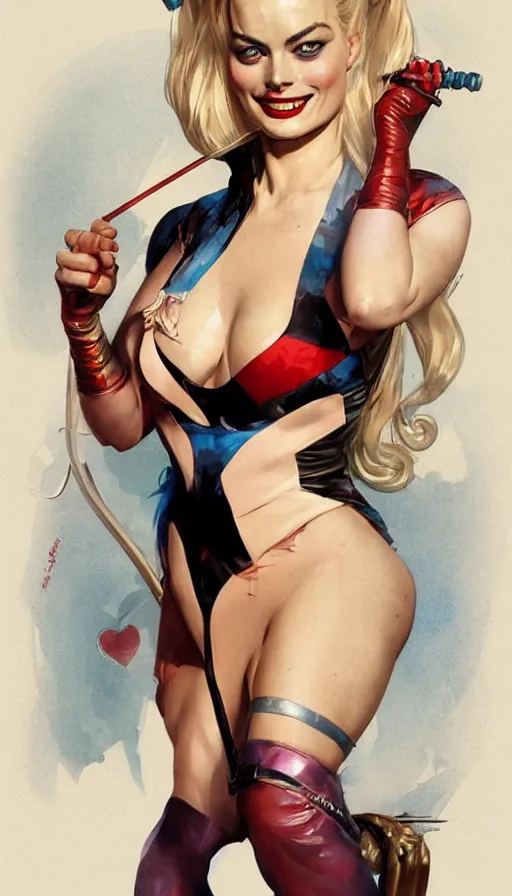 Prompt: margot robbie as harley quinn in a pin - up pose by artgerm, greg rutkowski and alphonse mucha, concept art, matte, intricate, full body