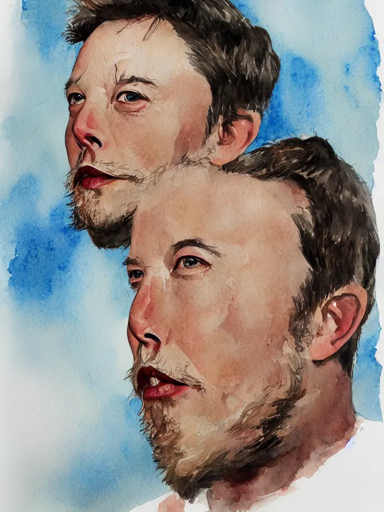 Image similar to a portrait of elon musk with an imperial beard. watercolors