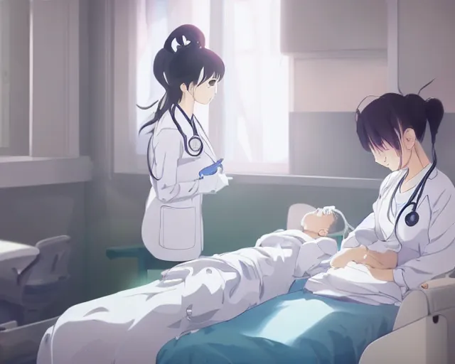 Image similar to a cute and beautiful young female doctor wearing white coat are taking care of a patient on a bed in a hospital ward, slice of life anime, anime scenery by Makoto shinkai