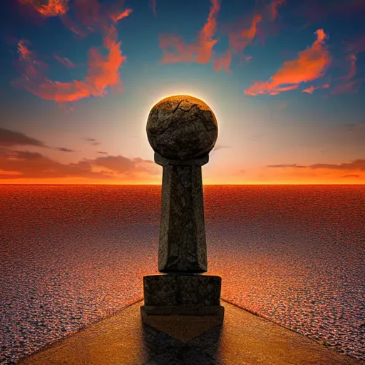 Image similar to cracked stone statue of λ symbol, epic sunset in the background, highly detailed digital art