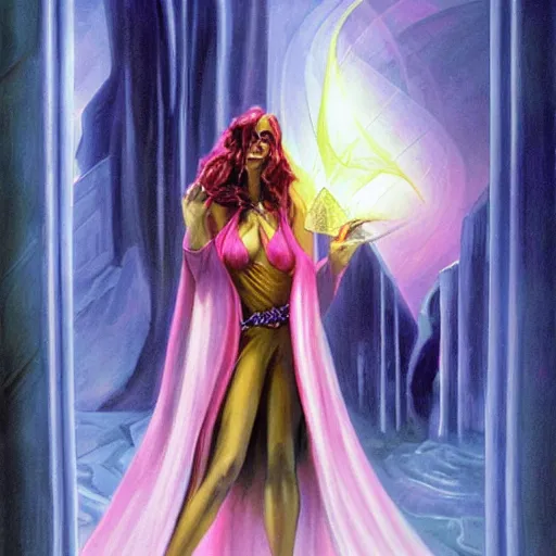 Prompt: a robed sorceress under a crystal tower by julie bell