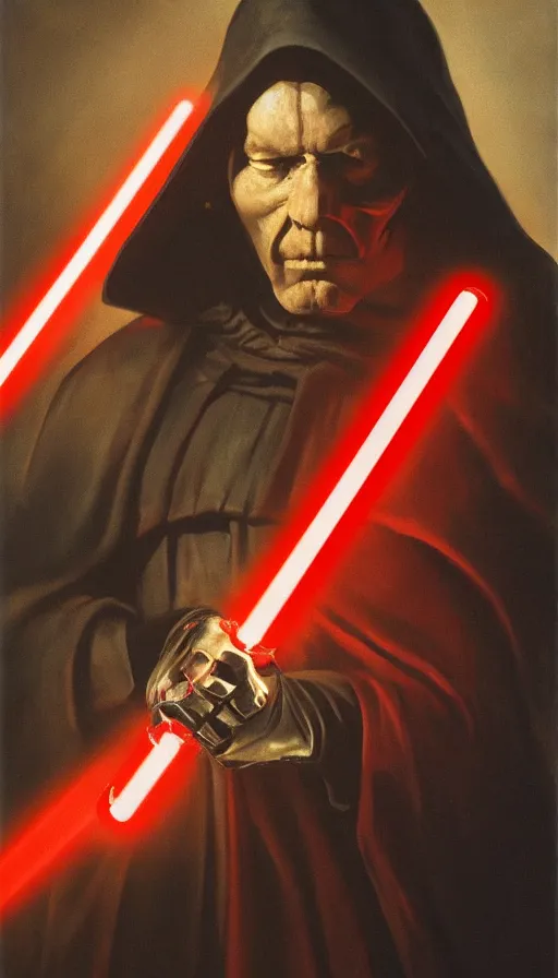 Image similar to still life painting of sith holding a volatile red lightsaber Peder Krøyer, golden hour, dramatic lighting, volumetric lighting, epic, gargantuan, intricate detail, canvas print