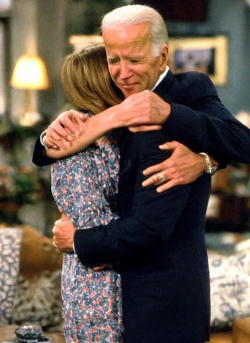 Image similar to film still of joe biden hugging rachel green in the show friends