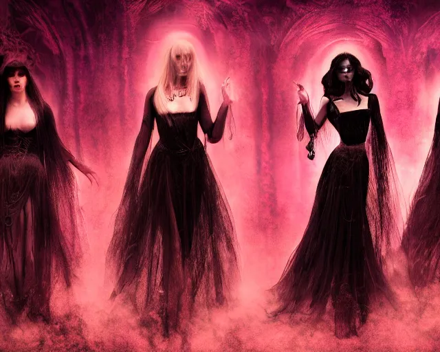 Image similar to three stunning otherworldly gothic goddesses of beauty wearing psychedelic wicca, full body, dark and mysterious, atmospheric, ominous, eerie, cinematic light, epic, 8 k, 4 k, ultra detail, ultra realistic, rendered by awesomeness