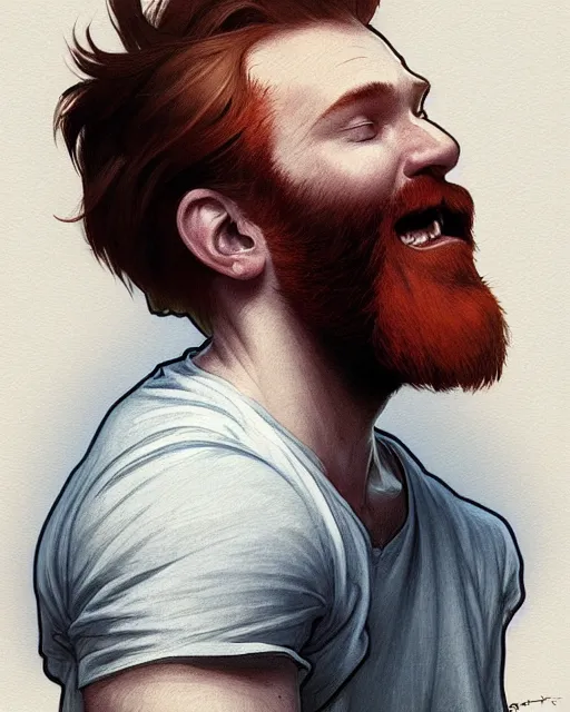 Image similar to low angle of attractive red - headed bearded man wearing a white t - shirt looking out the window expectantly, a smile on his lips, highly detailed, digital painting, artstation, concept art, smooth, sharp focus, illustration, art by artgerm, greg rutkowski, alphonse mucha, j. c. leyendecker