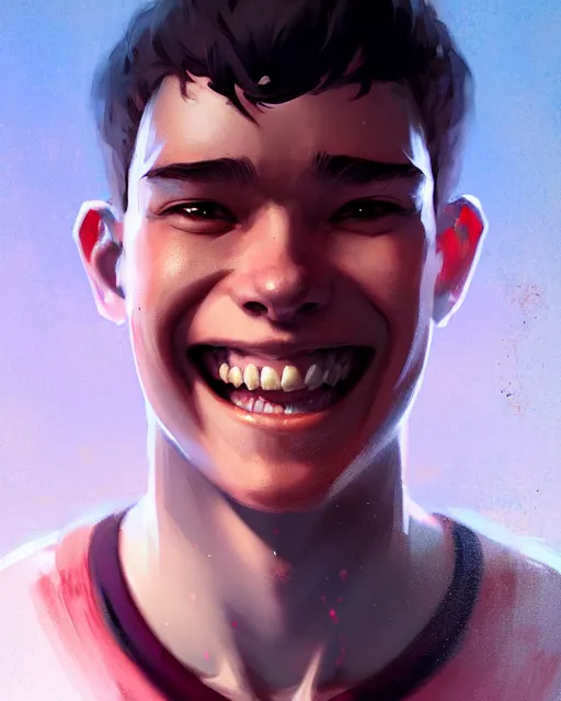 Image similar to digital art, fantasy portrait of a boy with a large smile, by james jean and greg rutkowski, by ross tran, ultra detailed, character design, concept art, trending on artstation,