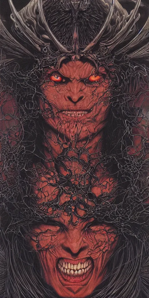 Image similar to portrait closeup of crazy dark satan, lucifer, the lord of darkness, the king of the underworld, symmetrical, by yoichi hatakenaka, masamune shirow, josan gonzales and dan mumford, ayami kojima, takato yamamoto, barclay shaw, karol bak, yukito kishiro