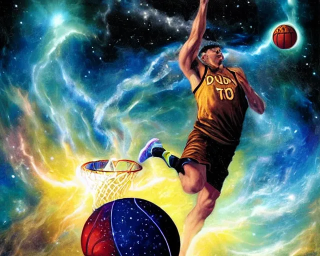 Image similar to cosmic basketball player dunking a basketball hoop in a nebula, an oil painting, by ( leonardo da vinci ) and greg rutkowski and rafal olbinski ross tran award - winning magazine cover