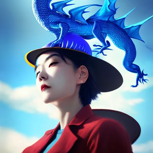 Prompt: blue sky dragon by wlop, wearing a tophat by ilya kuvshinov, rtx reflections, octane 1 2 8 k, extreme high intricate details, digital abstract art by ross tran, medium shot, close up shot, composition by sana takeda, lighting by greg rutkowski