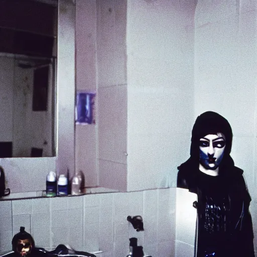 Image similar to cinestill 5 0 d candid photographic portrait by stanley kubrick of a feminine man wearing rugged black techwear and glitter goth makeup looking in the shattered bathroom mirror, cramped new york apartment, medium shot, retrofuturism cyberpunk cinematic, light and shadows, 8 k, hd, high resolution, 3 5 mm, f / 3 2, ultra realistic faces