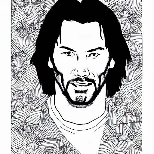 Prompt: page from a keanu reeves coloring book for kids | black and white | unused | clean | minimalist line drawing