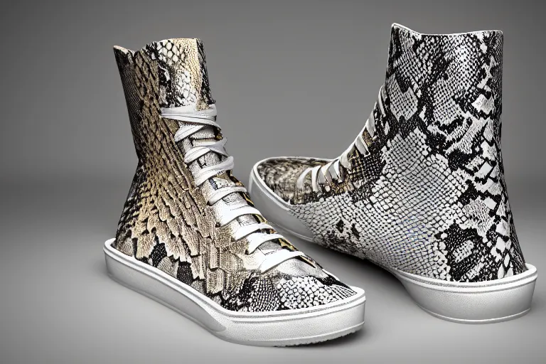 Prompt: single snakeskin hightop sneaker on a white surface, clean 3 d render, beautiful studio lighting, soft, sharp focus, intricate detail, gold filigree, art by iris van herpen