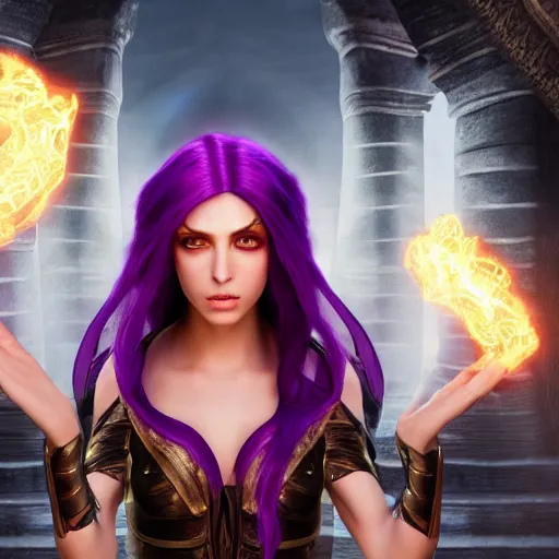 Prompt: 8k unreal engine render of a half-elf sorceress with purple hair from dungeons and dragons, beautiful, symmetrical face, a fireball spell forms in her hands, in a crowded ancient persian city, insanely detailed, depth of field unreal engine ultra-wide angle lens, volumetric lighting, vivid color