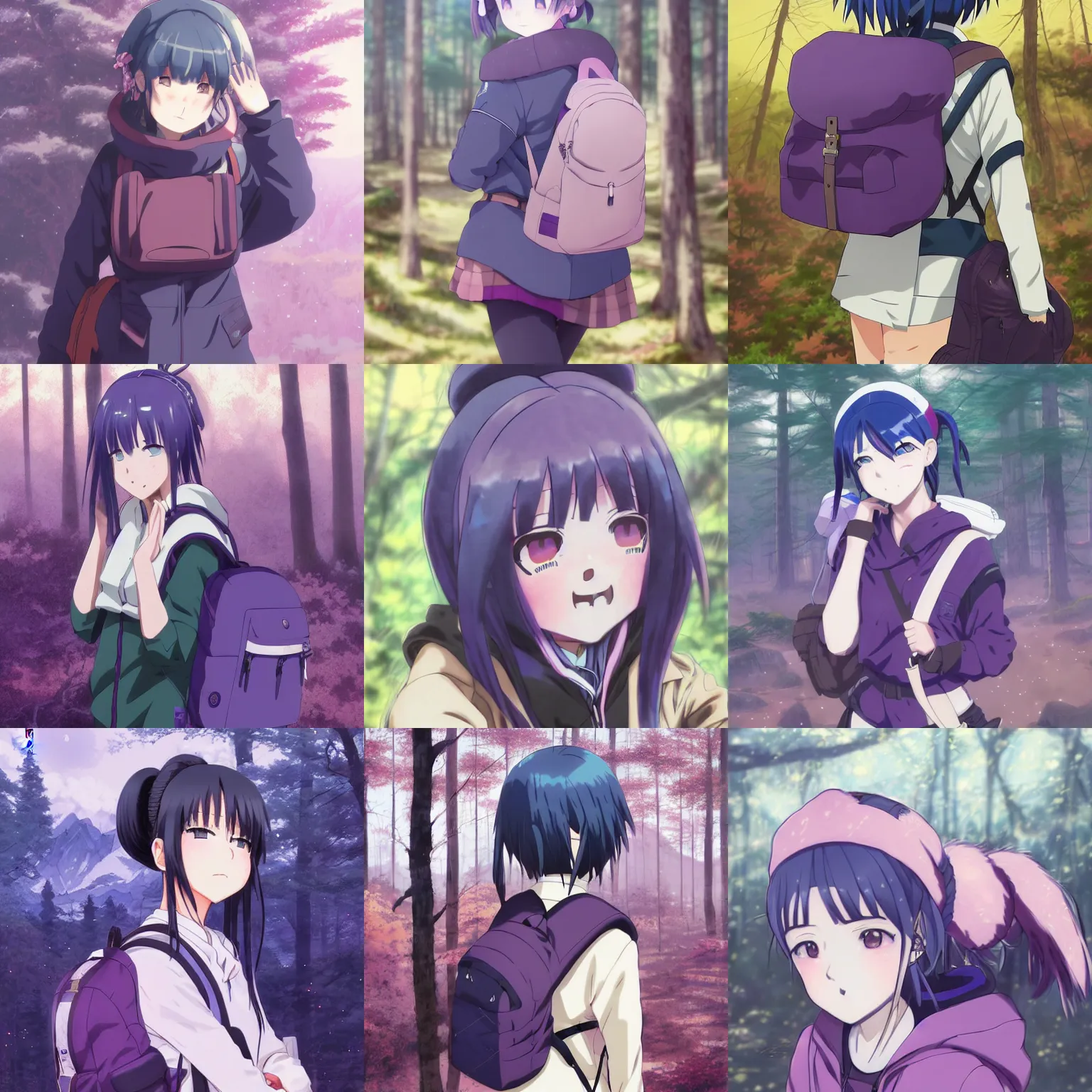 Prompt: anime shima rin shimarin yuru camp dark - blue hair bun tied in a high bun purple violet eyes portrait by greg rutkowski forest background backpack