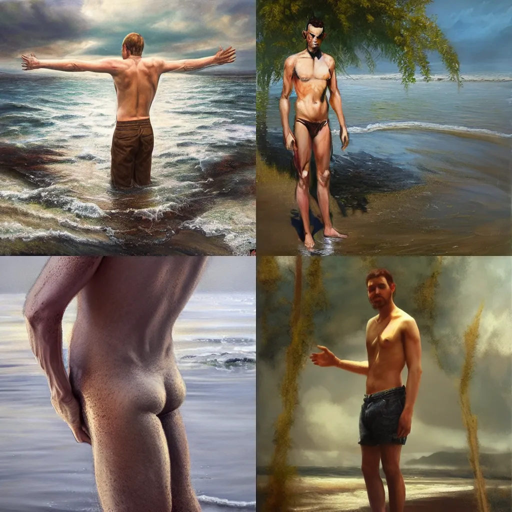 Prompt: a man standing in the water with his hands on his hips, a photorealistic painting by Vladimír Vašíček, cgsociety, fantastic realism, official art