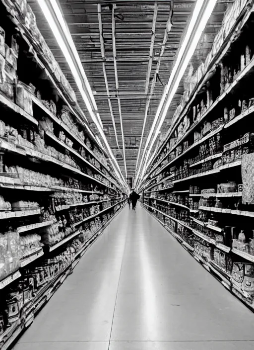 Image similar to being hunted by a monster in a labyrinth of market store aisles. liminal. dramatic lighting