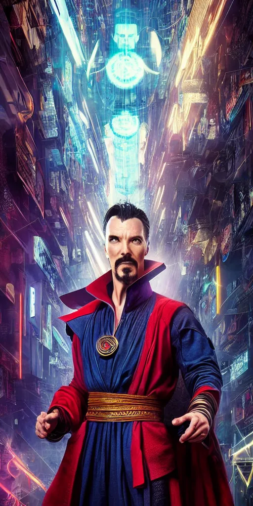 Image similar to cyberpunk, dr strange, photograph, cinematic,