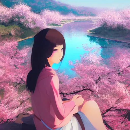 Prompt: Soft blur, digital art, anime, advanced digital art, girl sitting at the edge of a cliff overlooking a lake filled with sakura petals, light reflected on her face in the style of Kuvshinoc Ilya. —W 1024 —H 1024