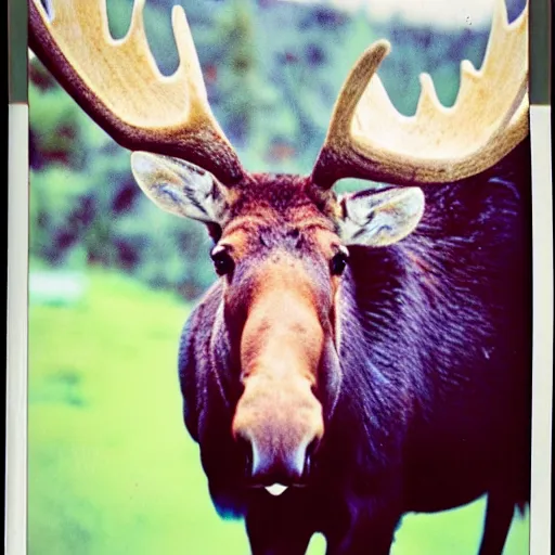 Image similar to polaroid of a moose with a mischievous smile