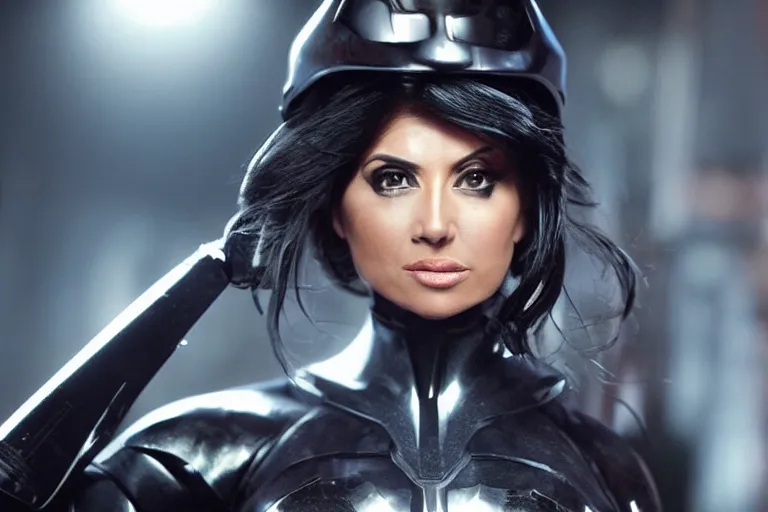 Image similar to VFX movie closeup of a gorgeous futuristic Denise Milani in black spandex armor in future city, hero pose, beautiful skin, natural city night lighting by Emmanuel Lubezki