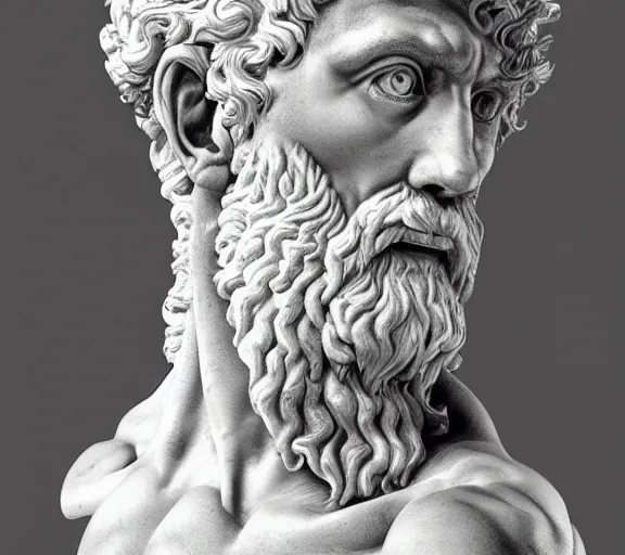 Prompt: a hyper-detailed marble status of Poseidon by Michelangelo; anatomically correct; an extraordinary masterpiece!!!; proud posture; photorealistic eyes; trending on artstation; f/1.4; 90mm