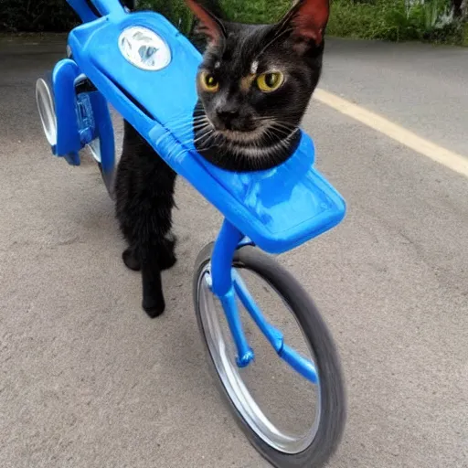 Prompt: a cat is riding a bike. the bike is blue. the cat is red