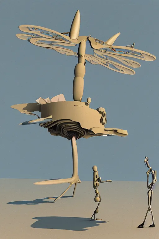 Image similar to a yves tanguy and oskar kokoschka 3 d render of a giant robotic dragonfly on a tiny island, 1 9 9 5 render