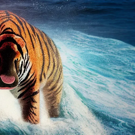 Image similar to a closeup photorealistic photograph of a large knitted tiger hippopotamus riding a large wave during sunset. surf in the background. professional capture. brightly lit scene. this 4 k hd image is trending on artstation, featured on behance, well - rendered, extra crisp, features intricate detail, epic composition and the style of unreal engine.