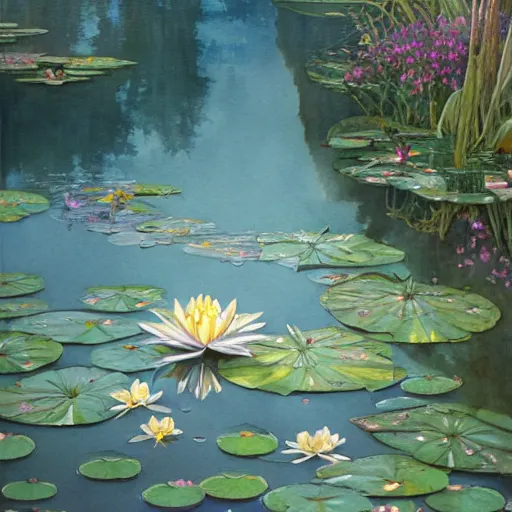 Prompt: Water Lillies in Paradise, Watercolor, photorealistic, high resolution, award winning, trending on artstation, intricate, elegant, highly detailed, digital painting, artstation, concept art, smooth, sharp focus, illustration, art by artgerm and greg rutkowski and alphonse mucha