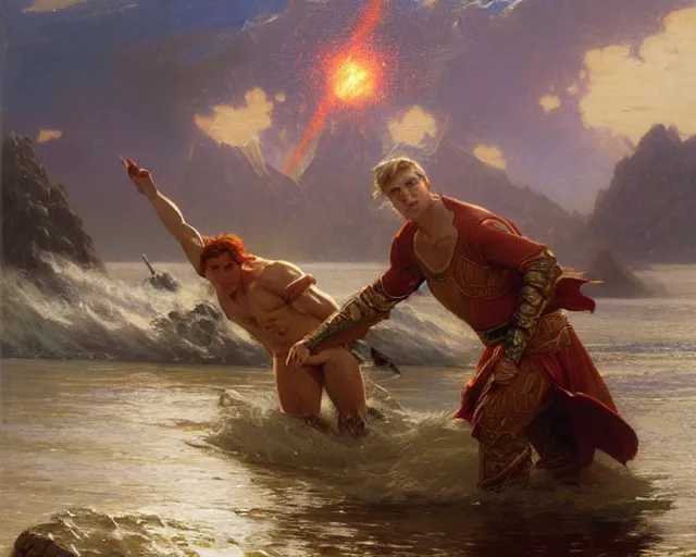 Image similar to attractive male wizard casting powerful tsunami wave spell in a beautiful lake. highly detailed painting by gaston bussiere, craig mullins, j. c. leyendecker 8 k