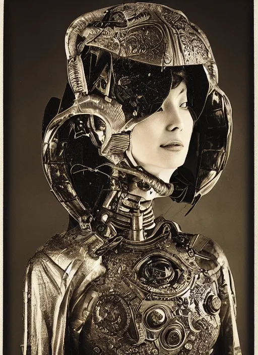 Image similar to old wetplate daguerreotype frame portrait of a futuristic silver armored geisha district 9 cyborg, parallax, fractal, intricate, elegant, highly detailed, subsurface scattering, by jheronimus bosch and greg rutkowski and louis jacques mande daguerre
