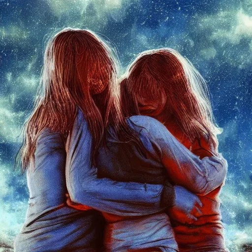 Prompt: family hugging, apocalyptic, meteors falling, background, sky, on fire, dramatic lighting, digital art, beautiful!!!!!!!!!!, 8K, dark lighting, trending on Artstation, award winning, blue, red