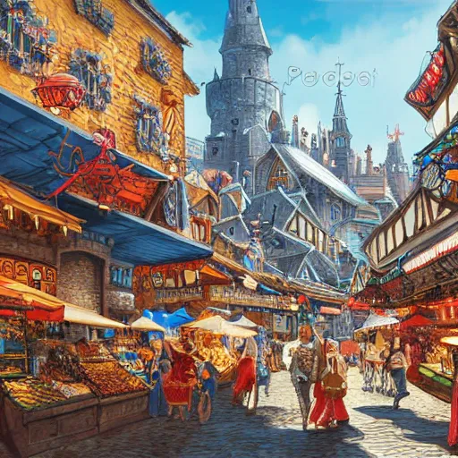 Image similar to bright fantasy medieval city, blue sky, busy market street, highly detailed and intricate 8 k concept art fantasy illustration