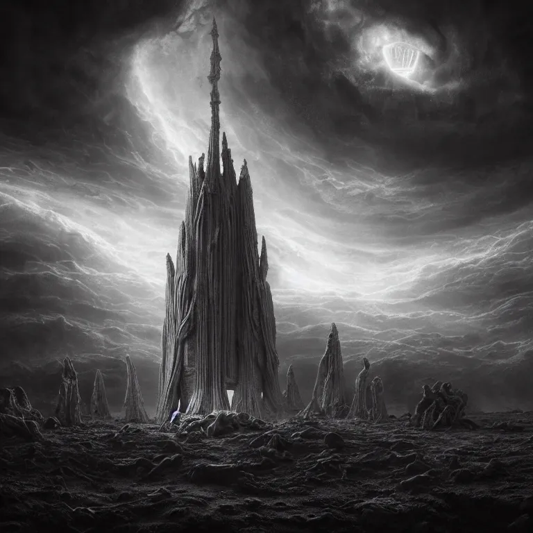 Prompt: surreal tall ancient alien abandoned ribbed spire spinal temple on exoplanet, wrecked technology, dark clouds, surreal abandoned buildings, dream-like heavy atmosphere, baroque painting, beautiful detailed intricate insanely detailed octane render trending on Artstation, 8K artistic photography, photorealistic, dramatic volumetric cinematic light, chiaroscuro, award-winning photograph, masterpiece, Raphael, Caravaggio, Beksinski, Giger