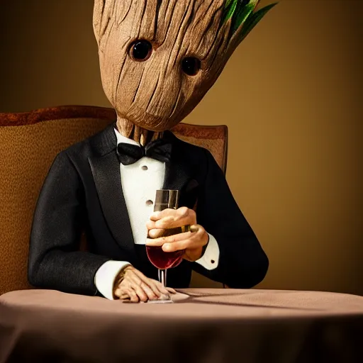 Image similar to realistic groot as a gentleman wearing tuxedo drinking wine, 1 0 0 mm, photorealistic, movie shot, studio lighting, 8 k