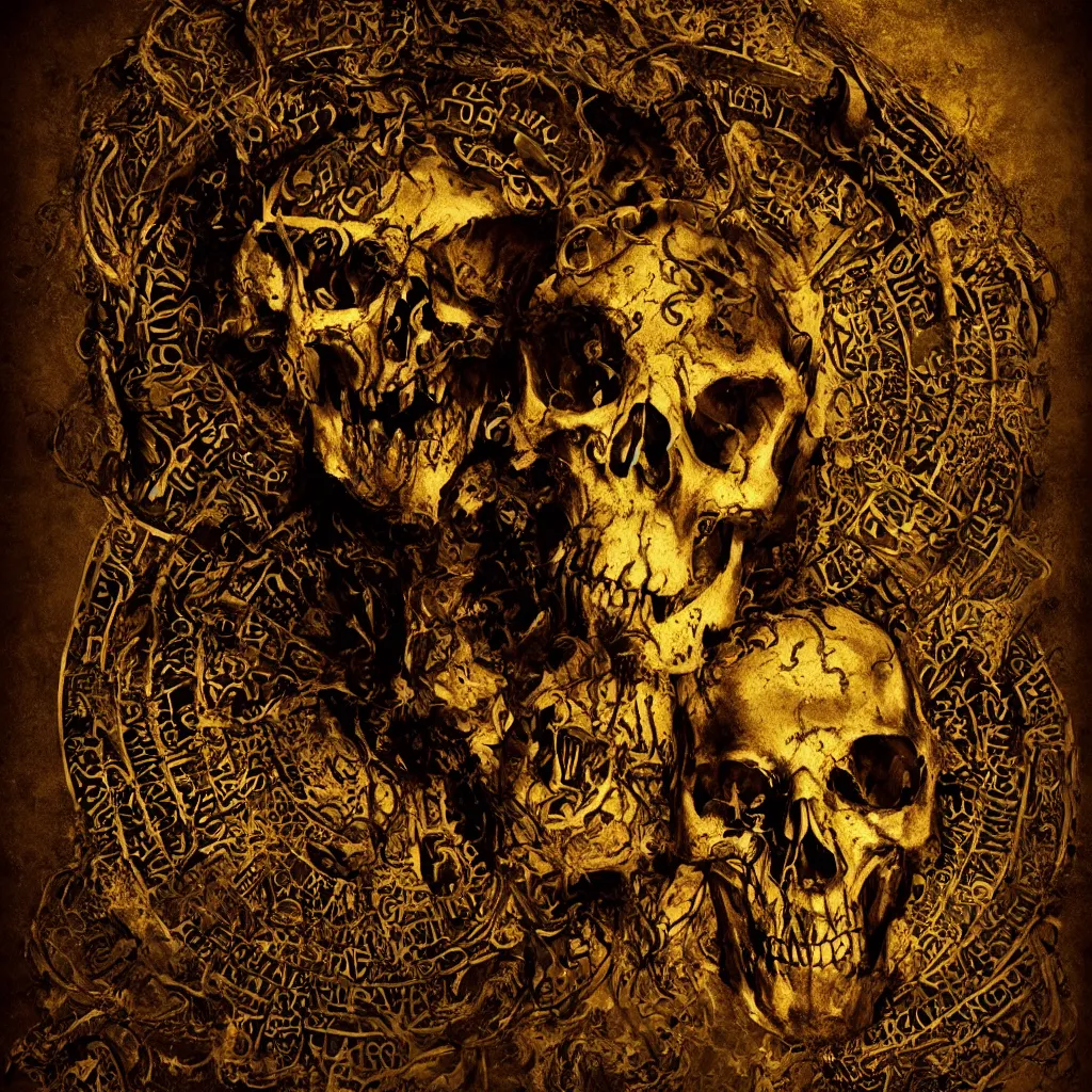 Prompt: ominous chiaroscuro baroque still life poster of a lonely golden runic skull intricately decorated with ancient runic inscriptions and prophecy engravings. dramatic ray of light, ultra detailed, unreal engine 5 by elden ring, billelis, ominous dark background. weirdcore ( lord of the rings : the return of the king 2 0 0 3 )