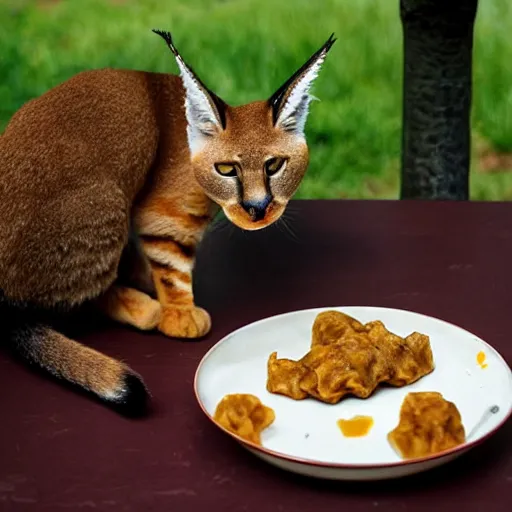 Prompt: Caracal cat eats dumplings