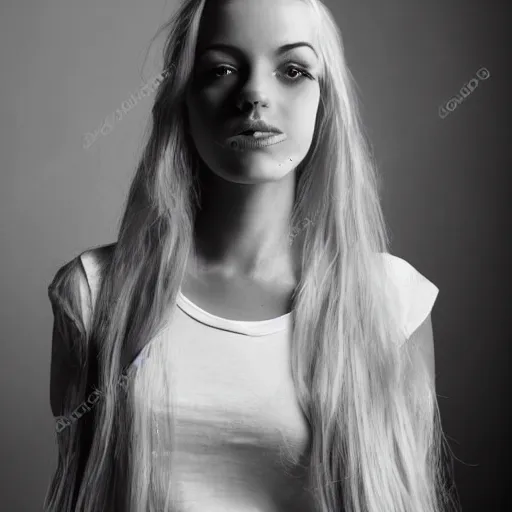 Prompt: amazing attractive beautiful stunning curvy slender gorgeous female,portrait photograph of a beautiful young girl with long blonde colorful hair wearing a white t-shir