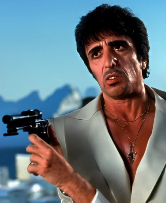 Image similar to extreme long shot. tony montana from movie scarface 1 9 8 3. staying with m 1 6 riffle. table with mountains of cocaine in background. al pacino. perfect symmetric face, coherent eyes, fine details, 4 k, ron cobb. cinestill