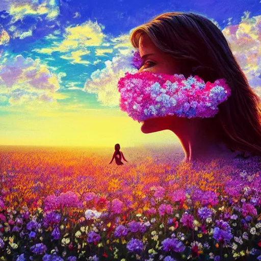 Prompt: head made of giant flowers, girl dancing barefoot in a vast flower field, arms behind back, surreal photography, sunrise dramatic light, impressionist painting, colorful clouds, large sky, digital painting, artstation, simon stalenhag, flower face