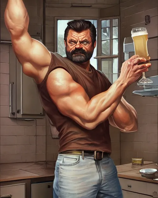 Image similar to gigachad ron swanson bodybuilder holding a pint of beer in final fight kitchen by ilya kuvshinov, ernest khalimov body by krista sudmalis, fantasy character portrait, ultra realistic, concept art, intricate details, elegent, digital painting, smooth, sharp focus, illustration, art by artgerm and greg rutkowski and alphonse mucha, artstation