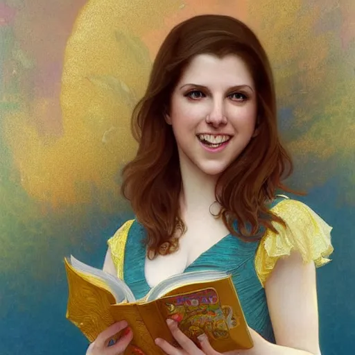 Prompt: a smiling anna kendrick wearing a yellow dress and reading a book, masterpiece, intricate, elegant, highly detailed, digital painting, artstation, concept art, smooth, sharp focus, illustration, art by artgerm and greg rutkowski and alphonse mucha and uang guangjian and gil elvgren and sachin teng, symmetry!!