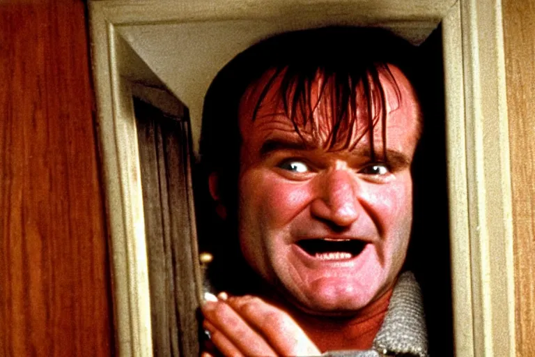 Prompt: Robin Williams as Jack Torrance peaking through hole in door in The Shining 1980