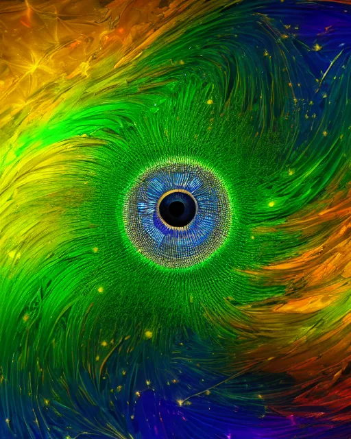 Image similar to a green eye with cobalt iris reflecting a sky full of stars, hyper realistic, fractal algorightmic art, art station, coherent design, symmetrical, vivid color, complementary color, golden ratio, detailed, sharp lines, intricate, rainbowshift, in unreal 3 d engine, nvidia optix, ray tracing, octane render